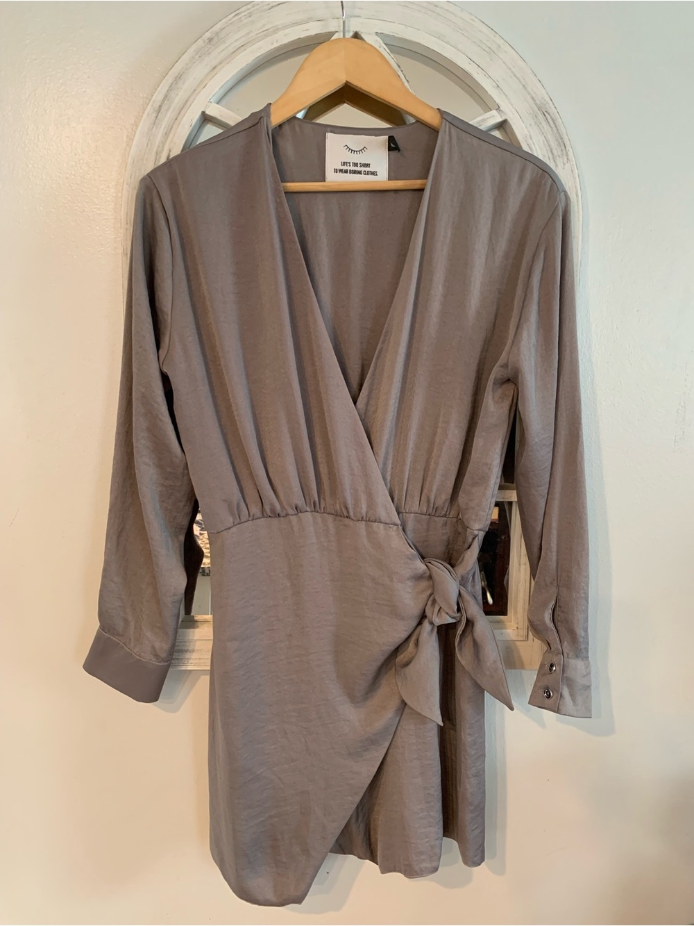 Life is too short to wear boring clothes Tie -Waist Wrap Dress in Taupe/silver